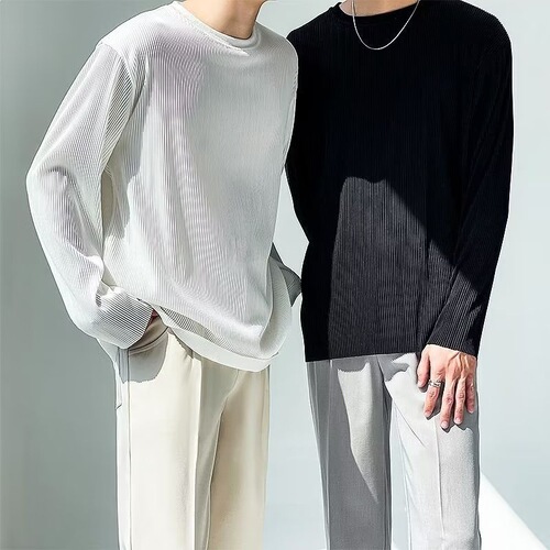 Hanging white long-sleeved t-shirt, men's spring and autumn loose pleated bottom shirt, ins trendy autumn high-end clothes