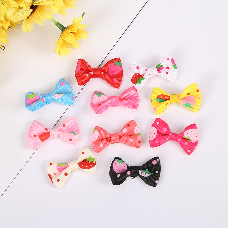 厂家直供草莓印花罗纹带蝴蝶结 DIY儿童发夹发饰配件辅料多种颜色