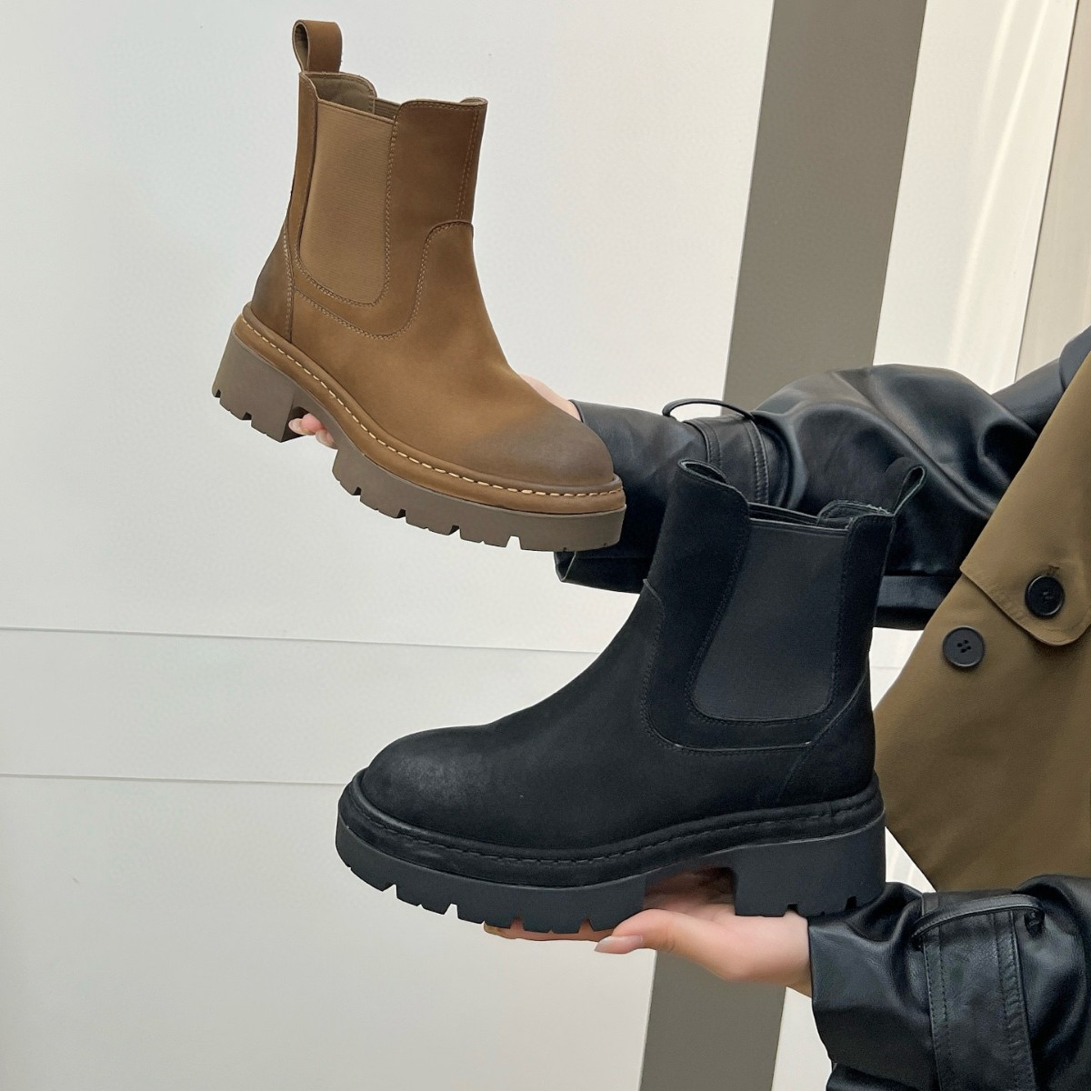 Boot nữ da bò cổ thấp đế xuồng dày khóa kéo bên — Màu đen, Màu Kaki