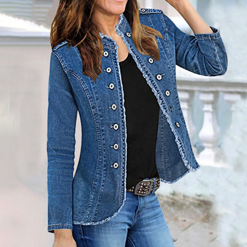 2026 Cross-Border European and American Whis Women's Denim Blazer Single-Breasted Stand Collar Solid Color Casual Versatile Slim Fit