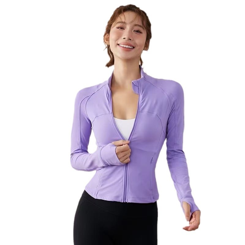Nuevo cross-border collar delgado chaqueta de carrera de mujer ligera y delgada corta camisa deportiva de manga larga con bolsillo delgado fitness