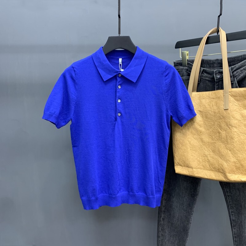 Summer New Men's Knitwear Lapel Pure Color Ice Silk Short-Sleeved Polo Shirt Korean Style Slim Top Half-Sleeved Trendy