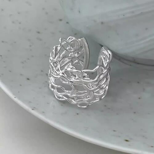 Korean Version Asymmetrical Weave Mesh Hollow Line Ring for Women, Non-Fading, Personal Ins Style, Light Luxury, Uncommon, High-End Finger Ring