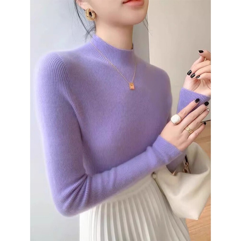 Taro purple half turtleneck tight turtleneck sweater autumn and winter western style inner pile collar sweater all-match bottoming top