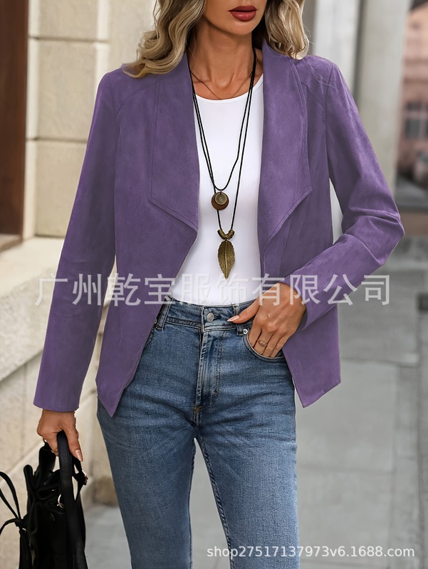 2025新款跨境外贸欧美女装纯色西装翻领无扣修身时尚外套开衫上衣|undefined