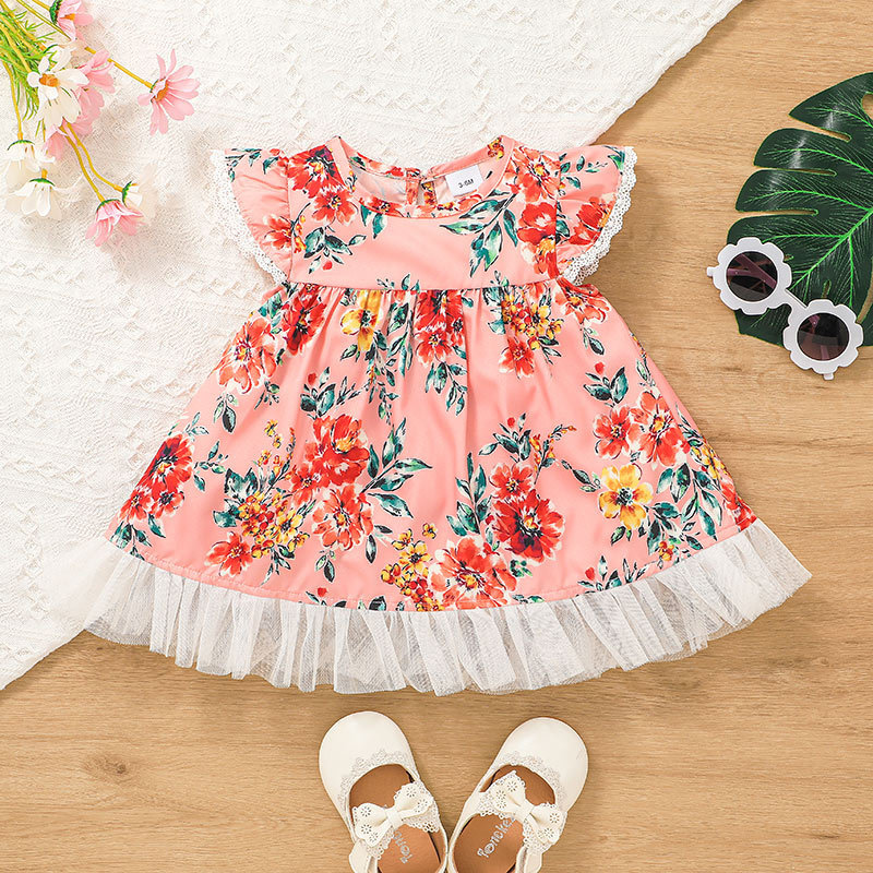 2022 Summer Little Girl Princess Skirt Flower Flying Sleeve Print Dress Wholesale display picture 2