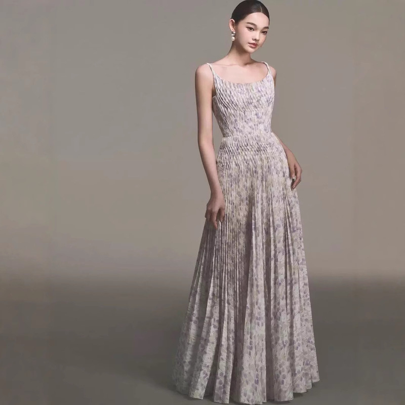 Heavy-Duty Twisted Rope Strap Mini Dress by Vietnamese Designer, Niche Style, Pleated Long Dress for Women, Slimming Floral Dress