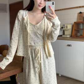 韩国ins女士春秋新品韩版带胸垫三件套家居服睡衣套装家居服外贸