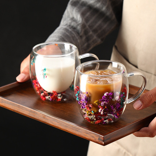 Internet celebrity real flower double-layer glass cup, high-value souvenir glass cup, cross-border high borosilicate simple glass cup