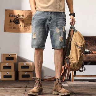 Ripped Denim Shorts Men's Trendy Brand Loose Casual Retro American Large Size Beggar's Shorts Summer Thin Mid-Length Pants