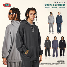 BE男装|2025秋冬美式复古潮牌宽松黑色连帽针织大码水洗卫衣批发