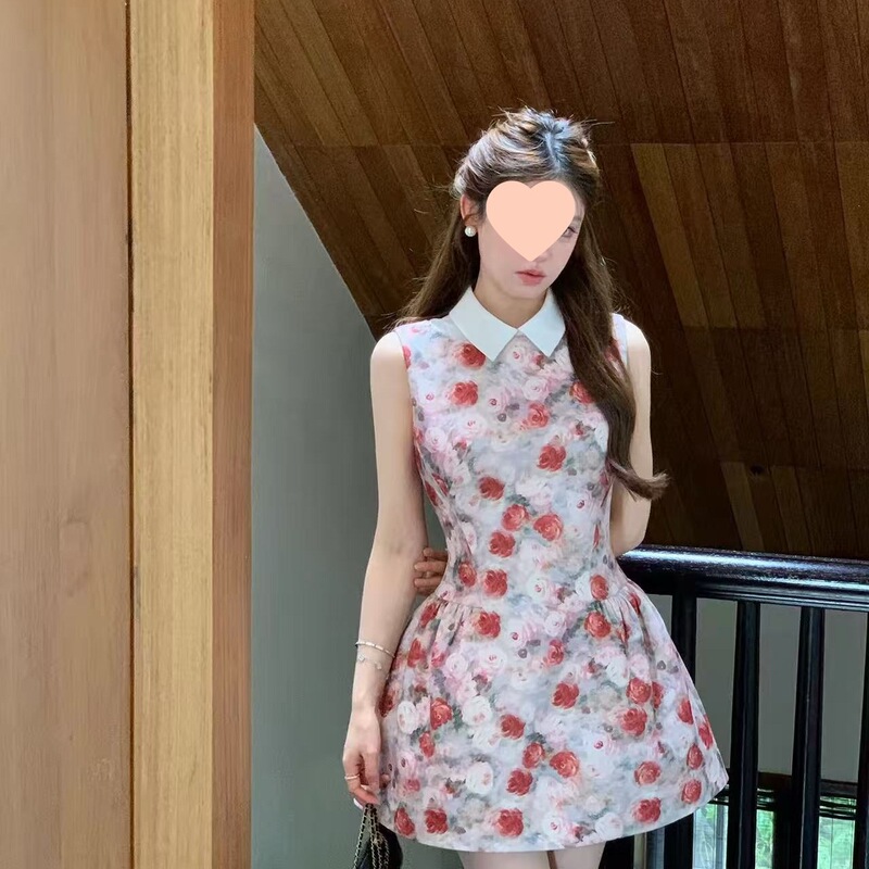 French Retro Shirt Collar Sleeveless Floral Dress for Women, Summer Elegant Slim-Fit Waist-Cinching Puffy Short Dress