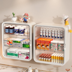 薬箱家庭用壁掛けパンチフリー薬キャビネットプラスチック薬箱キャビネットドア整理薬収納ラック多層