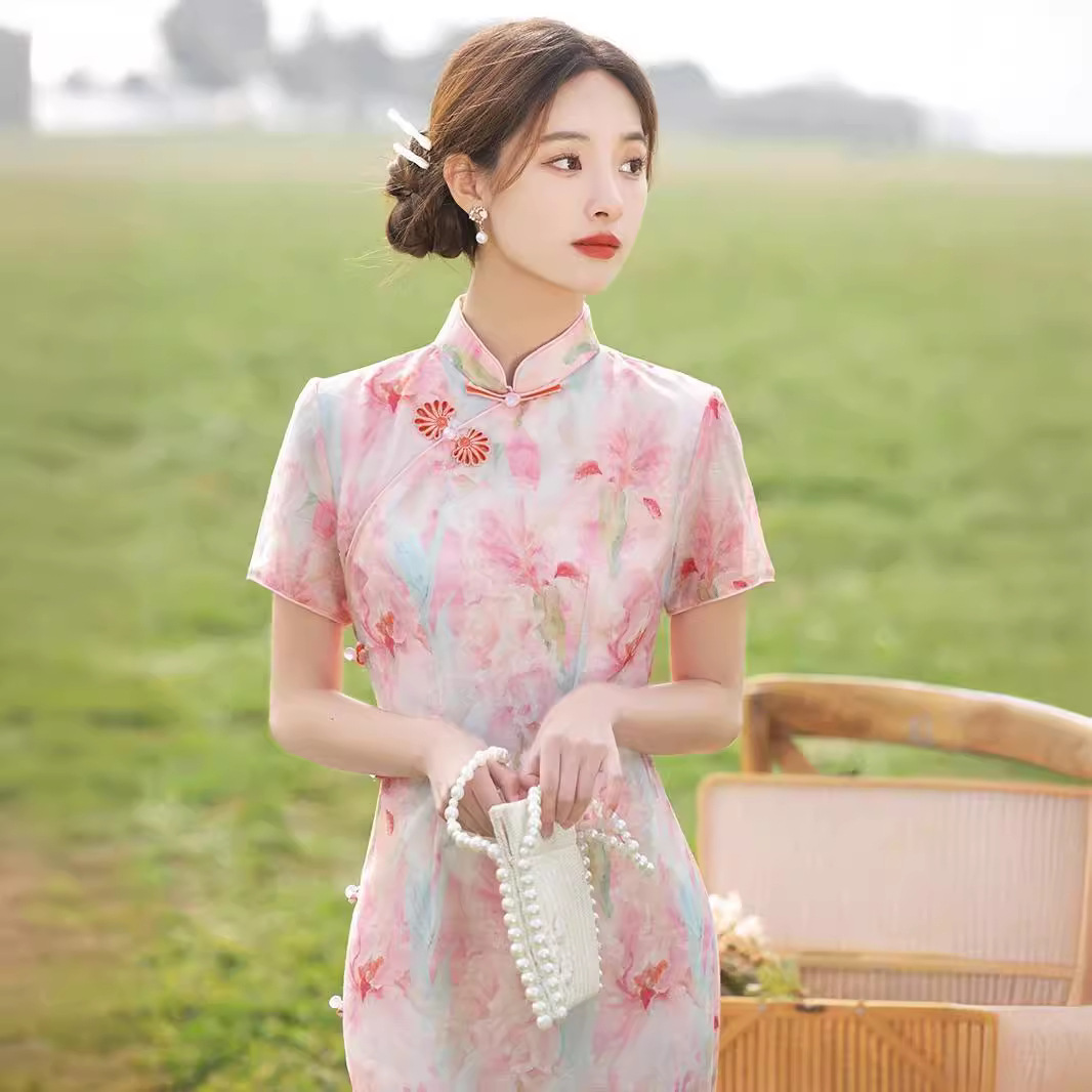 晚晴粉丨年轻款气质优雅改良长款旗袍2024年春夏季新款淑女范日常