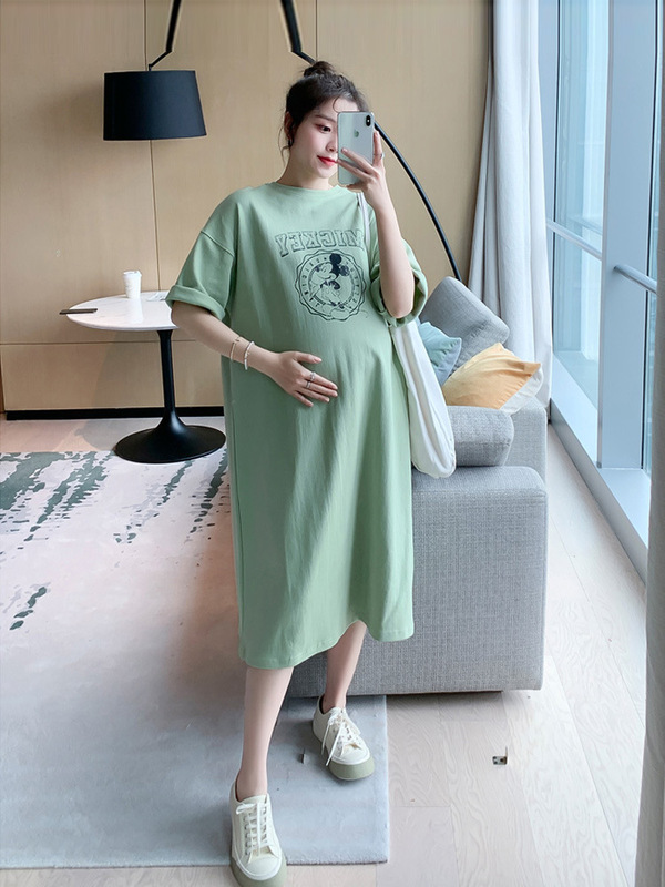 Pregnant Women's Summer Dress Large Size T-shirt Mid-length Summer Fashion Printed Over-the-knee Loose Pregnant Women's Dress Summer Skirt