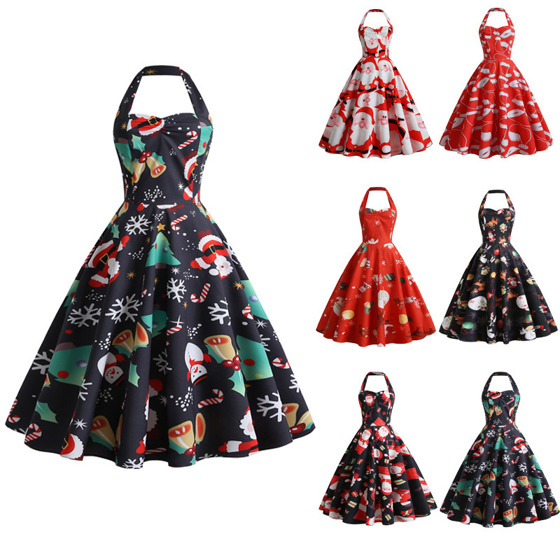 Amazon 2022 Christmas Women's European and American Sexy Halter Santa Claus Print Dress Cocktail Dress