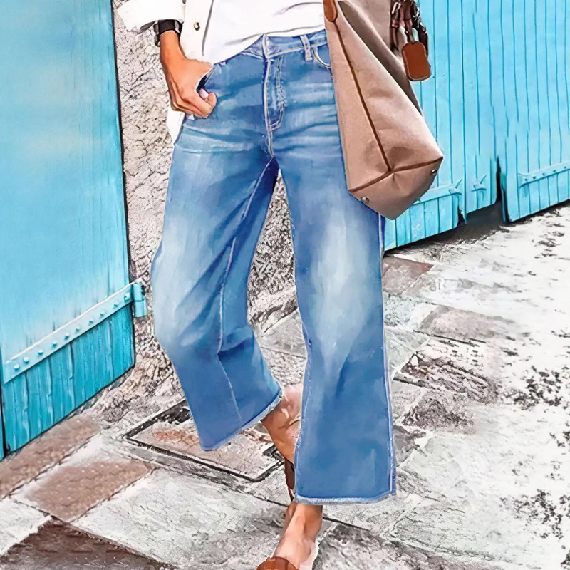 European and American Style Cross-Border Amazon New Women's Denim Straight Wide-Leg Mid-Waist Casual Raw Edge Denim Nine-Point Pants