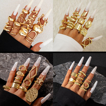 欧美跨境几何金属风熔岩线条戒指四件套不规则光面开口 戒指套装