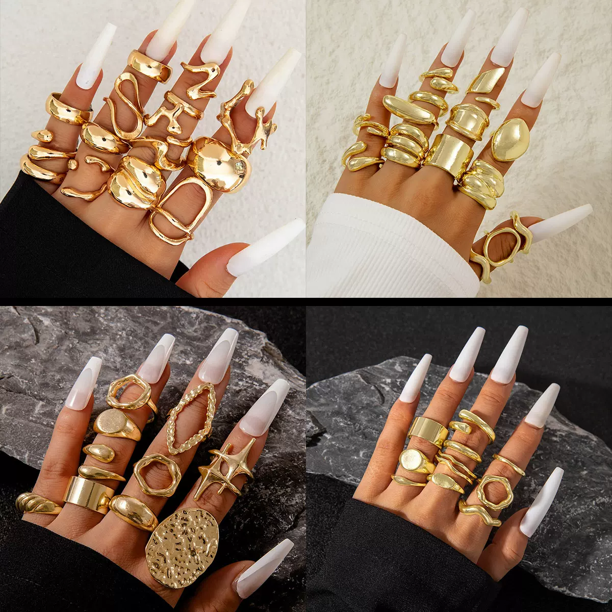 欧美跨境几何金属风熔岩线条戒指四件套不规则光面开口 戒指套装