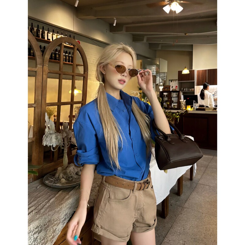 8Uioio "Prussian Blue" Klein Blue Long-Sleeved Shirt Women's Korean Autum Shirt Design Top