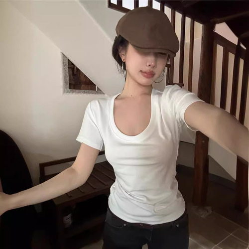 Solid color simple U-neck T-shirt for women 2025 summer Korean style slim and versatile short-sleeved student tops ins trend