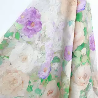 莫奈花园水彩印花团花苎麻面料人棉印花现货