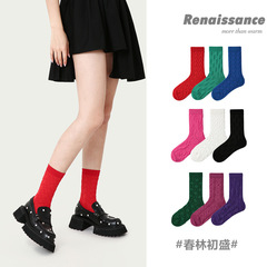 文藝復興原創女襪春季浮雕風純色中筒襪棉3雙禮盒裝潮牌女士襪子