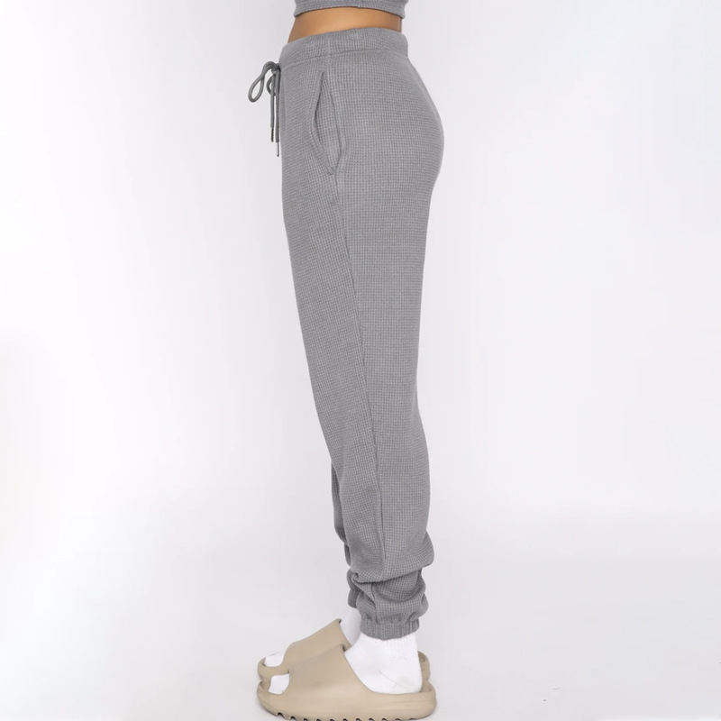 Spring Summer Solid Color Waffle round Neck Short Sleeve Women Clothing Casual Trousers Sets