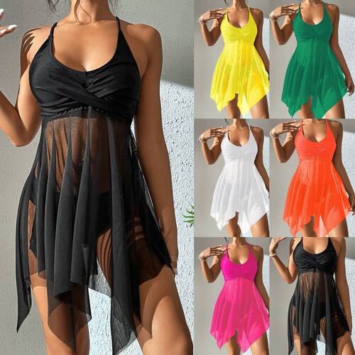 Elegant European and American Women's Sheer Mesh One-Piece Swimsuit High-Waisted Mesh Bathing Suit with Crossed Top and Double Shoulder Straps
