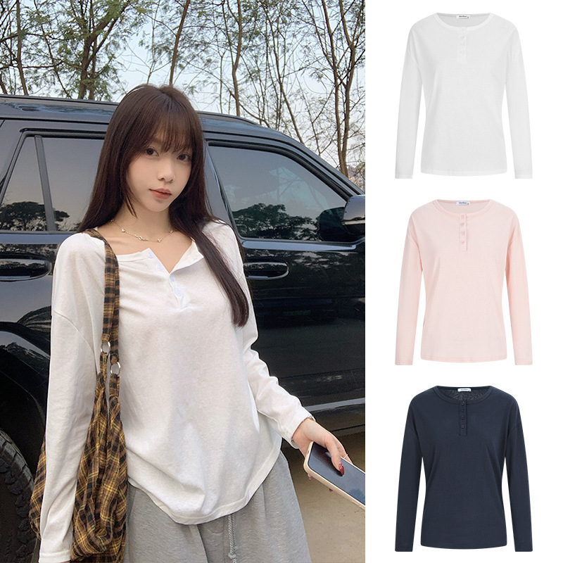 Mosesqueen/American Retro Half-Open Collar Top, Durable and Versatile, Slimming and Lazy-Style Long-Sleeve T-Shirt Mosesqueen/American Retro Half-Open Collar Top, Durable and Versatile, Slimming and Lazy-Style Long-Sleeve T-Shirt