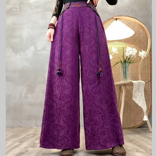 Winter New Jacquard Cotton Linen fleece-lined Thickened Wide Leg Pants Women's Embroidered Loose Casual Cotton Pants