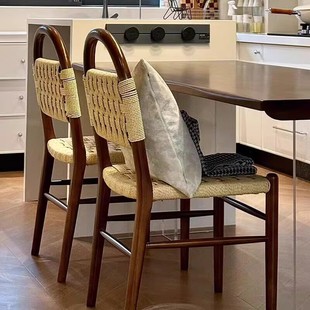 French-Style Vintage Vivian Dining Chair with Rope Woven Solid Wood, Retro Living Room Home Woven Backrest Leisure Makeup Chair