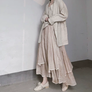 浮木兮/山本耀司小众 复古喷染双层棉麻不对称松紧腰大摆半身裙女