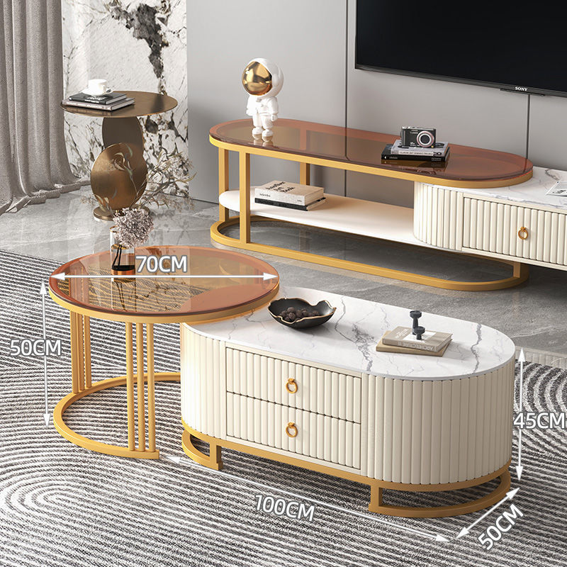 Mesa de centro de pizarra, mueble de TV, lujo ligero, sensación moderna de alta gama, sala de estar para el hogar, combinación de mesa de centro telescópica ovalada, mesa lateral