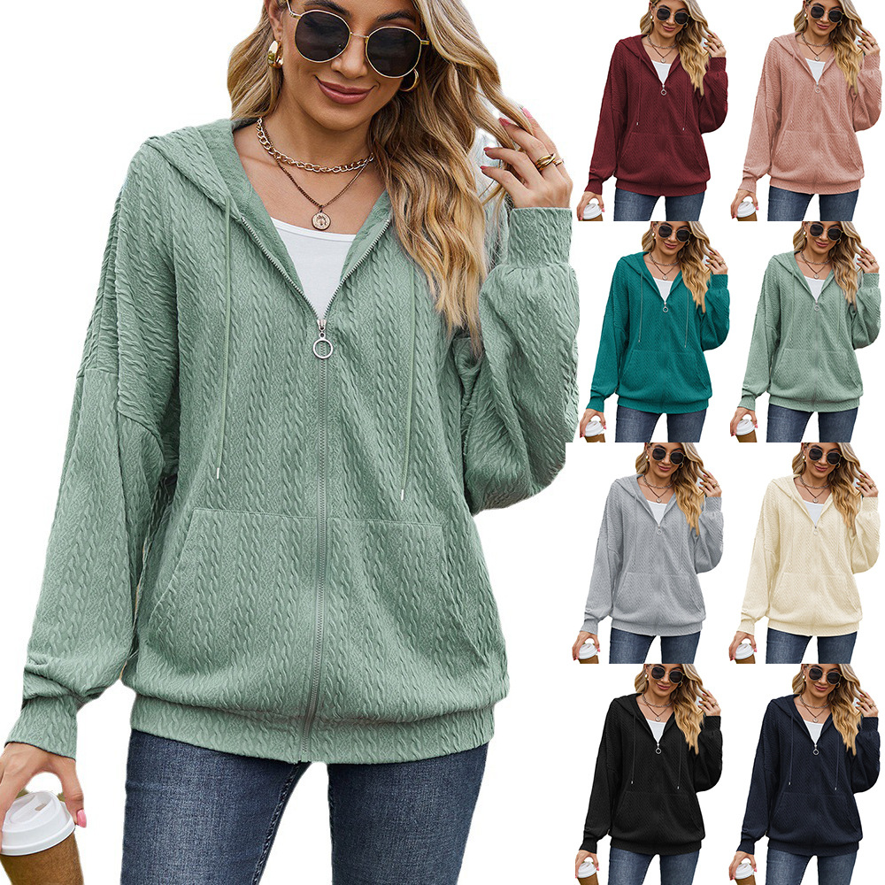 Europe and the United States cross-border foreign trade 2023 Amazon autumn and winter new solid color pocket long sleeve loose hooded women's coat