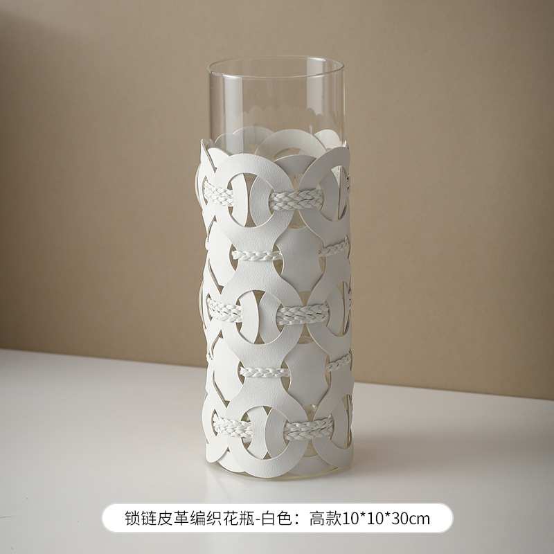 现代轻奢样板间侘寂风皮革编织花瓶售楼处前台软装饰花插花器摆件|undefined