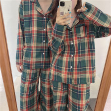 2025韩版舒适棉保暖秋冬磨毛圣诞绿格纹家居服睡衣套装