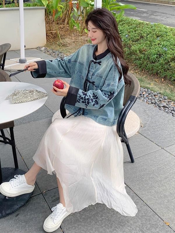 新中式碎花刺绣国风牛仔外套女春秋新款感流行小个子上衣|undefined