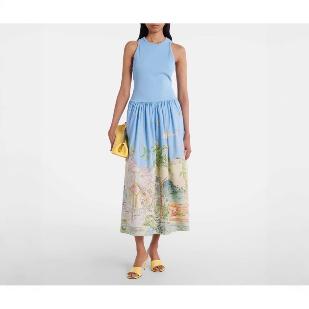 跨境水墨绿渐变扎染时尚印花长裙小清新连衣裙雪纺打底长裙度假风