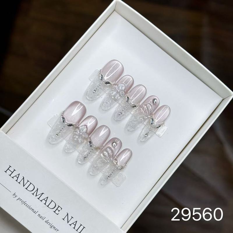【純手作りのつけ爪29-32】ロングフレンチキャットアイパッチ付け爪、取り外し可能なネイルアートコレクション|undefined