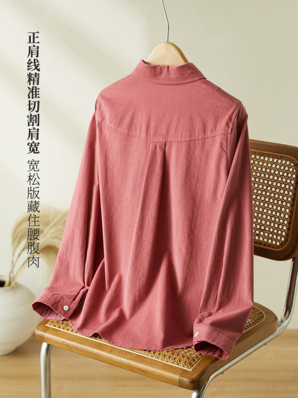 别样 磨毛长袖衬衫女装春秋新款通勤风翻领口袋折角多色休闲衬衣|undefined