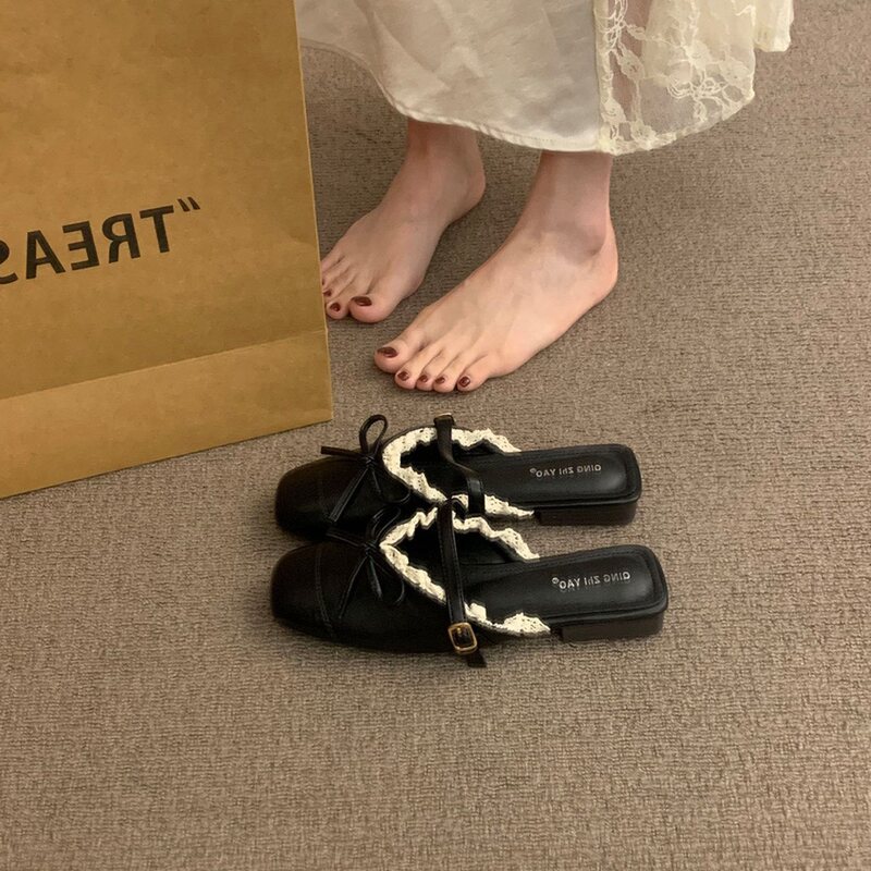 Elegant ladies' half-slippers with bow, closed-toe, 2026 model, summer one-strap closed-toe half-slippers for women to wear outside
