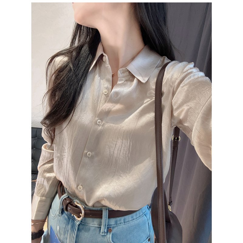 Premium 100% American Eastman Acetate! Satin Crinkled Loose-Fitting Slimming Commuter Collared Long-Sleeve Shirt for Women, Spring