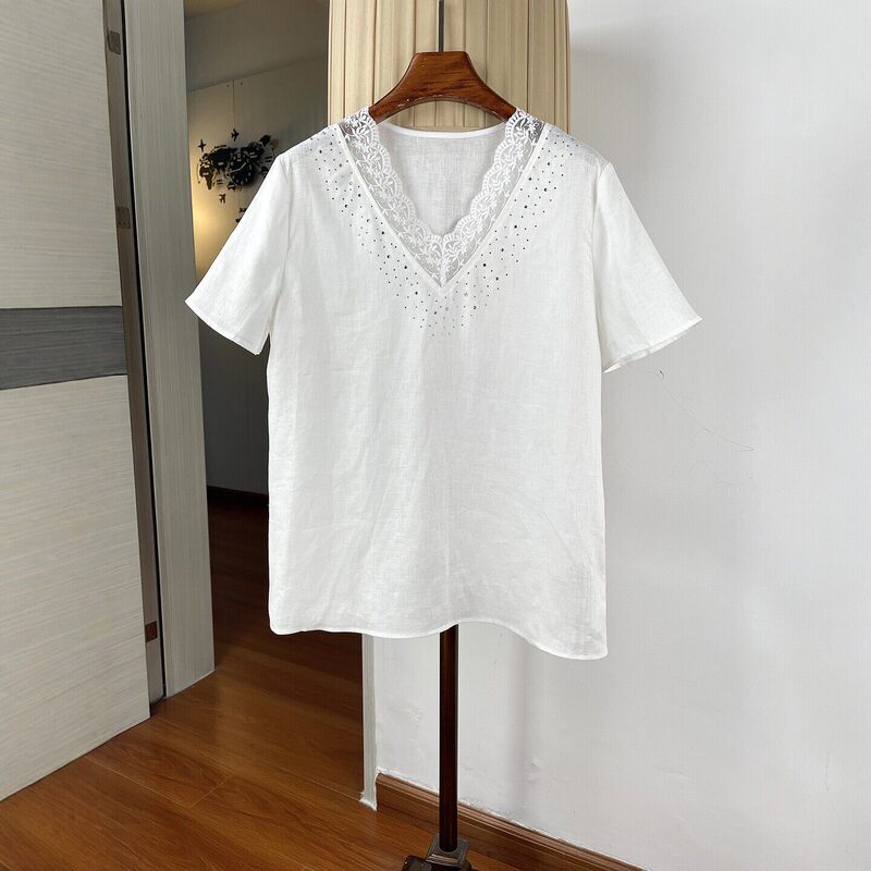 Collar with Lace Trim and Rhinestones, Linen T-Shirt for Women, Short Sleeve, Summer, Loose Fit, Tummy-Covering, V-Neck, Drop Shoulder Sleeves Top