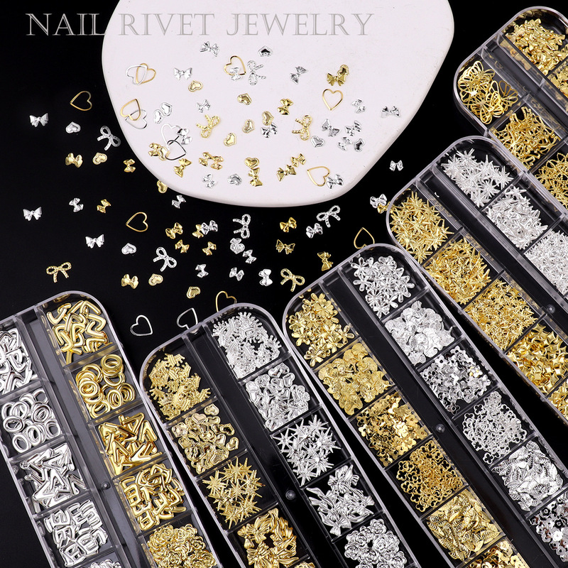 Cross-Border 12-Grids Gold and Silver Nail Art Rivet Box Wholesale Cut Out Heart Millet Butterfly Metal Nail Patch Cross-Border 12-Grids Gold and Silver Nail Art Rivet Box Wholesale Cut Out Heart Millet Butterfly Metal Nail Patch