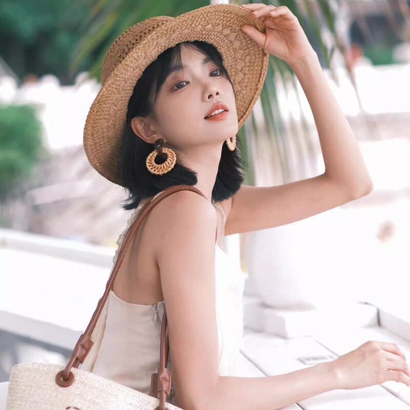 法式老钱风平顶镂空草帽女夏海边沙滩礼帽遮阳防晒帽户外太阳帽子|undefined