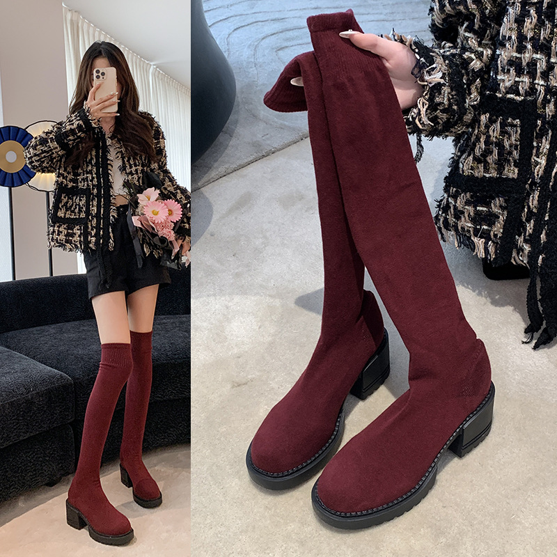35-42 过膝长筒靴女秋冬季新款厚底粗跟高筒骑士靴气质显瘦弹力靴