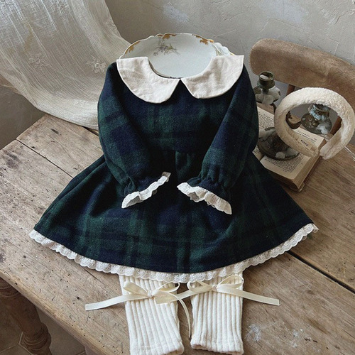 Korean version of the new spring and autumn baby doll collar long-sleeved lace dress baby checkered cute princess trendy dress