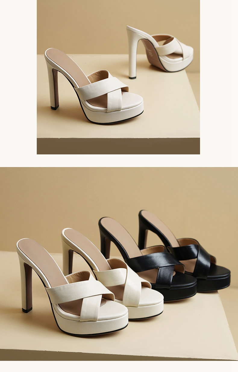 Sandal cao gót nữ da dê hở mũi gót vuông đế dày 13 cm — đen chi tiết 6