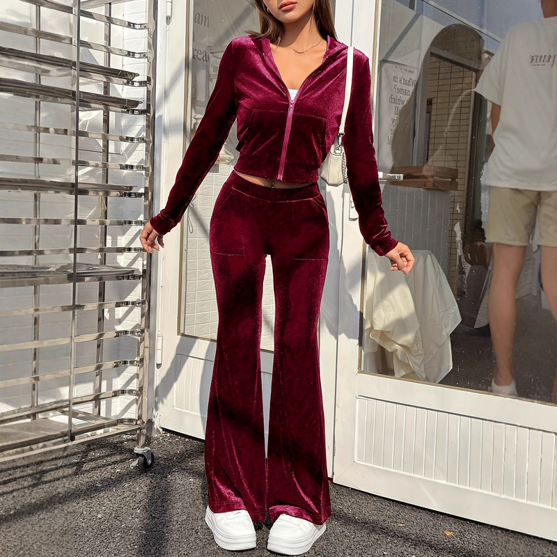 European and American Cross-Border New Zipper Gold Velvet Autumn Sports Suit Casual Hoodie and Bell-Bottom Suit